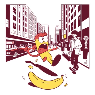 A cartoon character with large, bulging eyes and an exaggerated surprised expression is slipping on a bright yellow banana peel. The character's arms are flailing in the air as they lose their balance. In the background, a busy city street is bustling with activity, featuring tall buildings on either side, cars passing by, and pedestrians walking with various expressions. The scene is filled with vibrant details, capturing the lively atmosphere of the city.