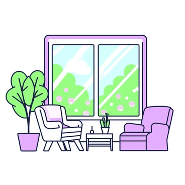 A room with large, sparkling clean windows is filled with natural light. The windows showcase a bright view of a garden outside, where various plants and flowers can be seen. The sunlight pours into the room, illuminating the furniture, which includes a cozy armchair and a small table. The walls are painted in a light tone, enhancing the airy feel of the space. In the corner, a potted plant adds a touch of greenery to the interior.