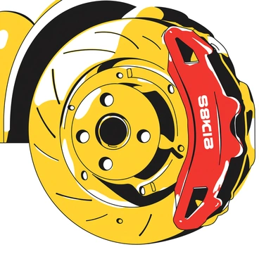 A close-up view of a shiny brake disc with intricate grooves and ventilation holes. The disc is prominently displayed, reflecting light from its polished surface. A red caliper is positioned over the brake disc, showcasing its distinct angular design and clearly visible logo. The background features blurred details of a car wheel, emphasizing the brake components in focus.
