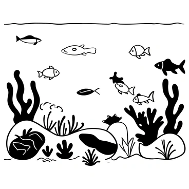 An underwater scene featuring multiple fish of different shapes and sizes swimming among coral formations. Some fish are darting in and out of the reefs, while others glide gracefully in the water. A large sea turtle navigates through the scene, with plants swaying gently in the current. Sunlight filters through the water's surface, creating patterns of light and shadow on the ocean floor.