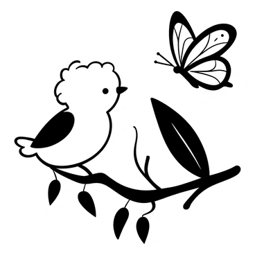 A baby bird perched on a branch, looking attentively at a butterfly fluttering nearby. The butterfly has intricate wing patterns and is mid-flight, with its wings spread wide. The background features leaves and twigs, creating a natural setting for the scene. The baby bird's feathers are soft and fluffy, contrasting with the delicate appearance of the butterfly.