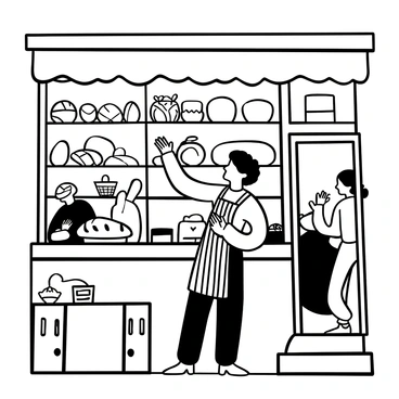 A boulanger arranging loaves in a bakery window display with morning light