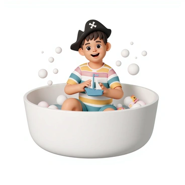 A child in a bathtub with a pirate hat and toy ship, imagining an adventure