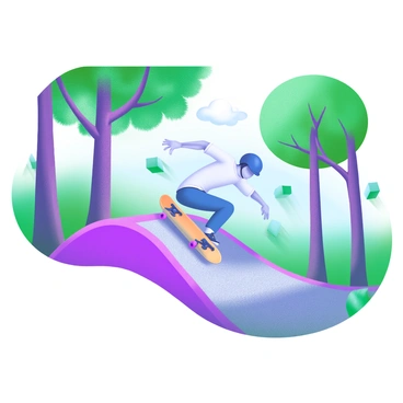 A modern pastel illustration depicting a "skateboarder" skillfully navigating a "downhill path." The skateboarder is performing a trick, with their body angled low as they maneuver around the curves of the path. Surrounding the path are tall "trees" with green leaves, creating a natural backdrop. The ground is textured with a mix of asphalt and gravel, and sunlight filters through the branches, casting dappled shadows on the skateboarder and the ground. In the distance, a clear blue sky adds to the vibrant atmosphere of the scene.