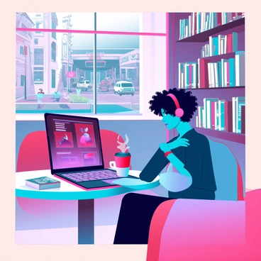 A person using a laptop to design a photo collage in a cozy coffee shop setting