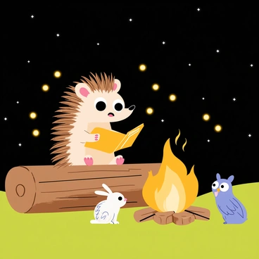 A hedgehog sitting on a log, with a warm orange glow emanating from a campfire in front of it. The hedgehog has large, expressive eyes and is animatedly sharing stories to an audience of small woodland animals, including a curious rabbit and a wise owl perched nearby. Bright, glowing fireflies are floating around the campfire, creating a magical atmosphere in the night sky. The background features dark silhouettes of trees, while the ground is covered in soft green grass.