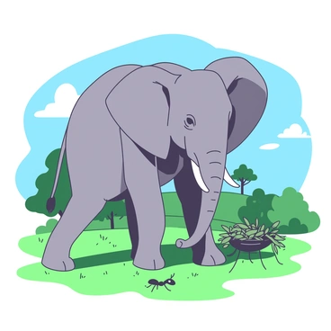 An enormous gray elephant stands majestically on a green grassy field, its large ears flapping as it curiously observes a small black ant. The ant, despite its diminutive size, is diligently carrying a heavy load, which is several times its size, made up of tiny leaves and twigs. The elephant's eyes are focused on the ant, displaying a look of fascination. In the background, there are a few scattered trees under a bright blue sky, creating a vibrant and lively scene.