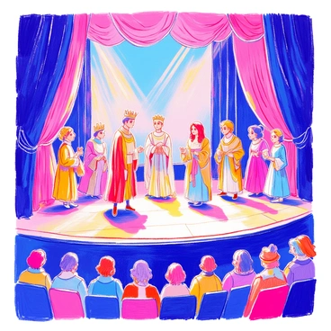 A theater performance is taking place on a grand stage. There are multiple actors dressed in elaborate costumes, each representing different characters. One actor is wearing a regal outfit complete with a crown, while another is donning a tattered cloak that suggests a hardened background. The backdrop features intricate set designs that enhance the atmosphere. Stage lights illuminate the actors, highlighting their expressions as they convey different emotions. Some actors are engaged in dynamic movement, while others stand in dramatic poses, capturing the audience's attention. The seating area is filled with people, eagerly watching the transformation of characters.