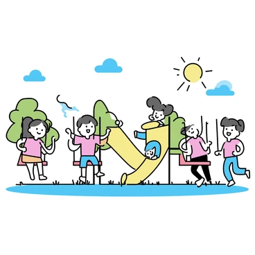 A playground scene filled with children playing energetically. Several children are swinging back and forth on two red swings, their faces lit up with joy. Nearby, a group of kids is climbing up a yellow slide, with one child sliding down, arms raised in excitement. The sun is shining brightly, casting shadows on the grass below. In the background, there are trees with green leaves and a clear blue sky, completing the lively atmosphere of a bright Wednesday.