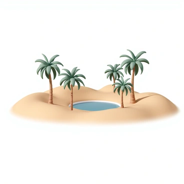A serene desert oasis with palm trees and a small pool of water surrounded by dunes