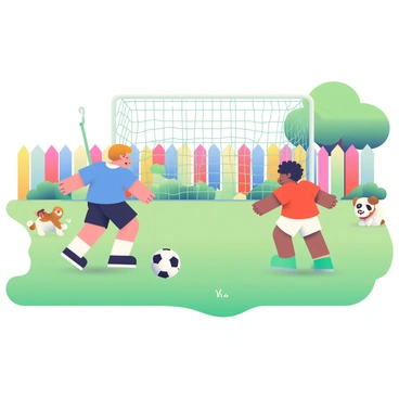 A backyard is filled with green grass where a casual game of soccer is taking place. Two children, one with short brown hair wearing a blue t-shirt and black shorts, and the other with curly black hair dressed in a red shirt and white pants, are actively kicking a black and white soccer ball toward a homemade goal. The goal is constructed from PVC pipes and netting, positioned at the edge of the yard. In the background, there are a few trees providing shade, and a colorful wooden fence surrounds the area. A small dog is watching the game with an eager expression, sitting near the players.