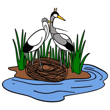 A pair of cranes with long necks and slender legs standing closely together among tall green reeds by a flowing river. The first crane has white feathers and a black crown on its head, while the second crane has a mix of gray and white feathers. They are both gathered around a large, intricately woven nest made of twigs and grasses. The sun is shining down, casting soft light on the scene, highlighting the textures of the feathers and the surrounding greenery. Small ripples can be seen on the river's surface, reflecting the colors of the sky above.