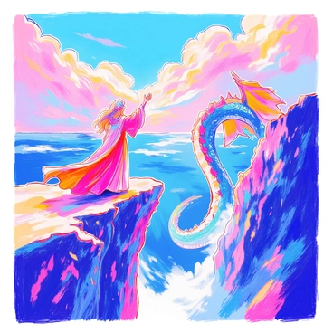 A mage dressed in a flowing robe is standing on the edge of a steep cliff. The robe is adorned with intricate patterns and glimmers in the light. The mage has long hair that flows in the wind and is raising both hands towards the sky, channeling energy. Below, the depths reveal a swirling mist, hinting at the presence of a gigantic dragon. The dragon is emerging from the mist, with its massive wings unfurling and scales glistening in shades of emerald and sapphire. The sky above is filled with dramatic clouds, creating a sense of tension and anticipation. The scene captures the moment of magic and power as the dragon rises.
