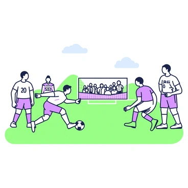 A football game is taking place on a grassy field. In the center, two teams of players are in action, wearing soccer gear consisting of jerseys, shorts, and cleats. One player is dribbling the ball past an opponent, who is lunging to tackle. On the sidelines, a coach is standing with a clipboard in hand, giving instructions. In the background, goalposts are visible at either end of the field, with a cheering crowd in the stands. The sky above is clear, and a few clouds can be seen in the distance.