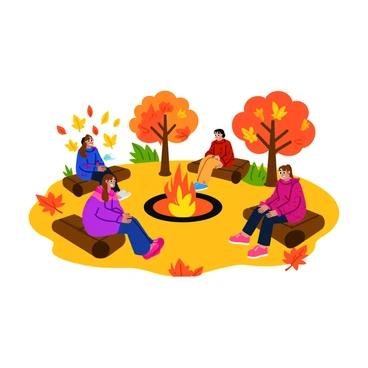 A cozy fire pit with an orange and yellow flame, surrounded by a circle of colorful autumn leaves in vibrant shades of red, orange, and gold. Several people sit on logs around the fire pit, each wrapped snugly in warm, patterned blankets. The foliage in the background features trees with bright leaves, enhancing the warm atmosphere of the scene. The ground is covered in a mix of fallen leaves, adding to the autumnal ambiance.