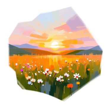 A landscape depicting a sunrise over a wide meadow, with soft light illuminating the scene. The sky is painted in warm hues of orange and pink as the sun rises on the horizon. The meadow is filled with lush green grass, each blade glistening with tiny dewdrops that catch the light. Gentle hills outline the background, and a few scattered wildflowers add pops of color to the foreground. The atmosphere feels fresh and vibrant, showcasing the beauty of a new day.