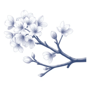 A branch filled with cherry blossoms, each flower distinct with intricate details of petals and stamen. The blossoms are clustered closely together, creating a beautiful display. The drawing captures the texture of the bark on the branch, showing both smooth and rough areas. Several blossoms are in full bloom, while others are in different stages of opening, adding depth to the composition. The petals should have flowing lines that suggest movement and delicacy.