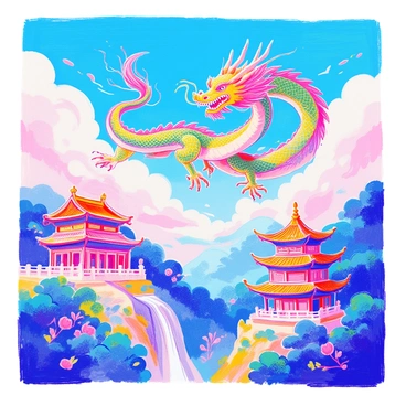 A Chinese dragon with shimmering green and gold scales is soaring majestically through fluffy white clouds. Its long, serpentine body twists elegantly as it flies, with sharp claws and flowing whiskers. Below, there are ancient pagodas, each with intricate architectural details, adorned with red and gold accents. The pagodas are surrounded by lush greenery and mist, creating a tranquil atmosphere. The sky is a bright blue, enhancing the vibrancy of the scene.