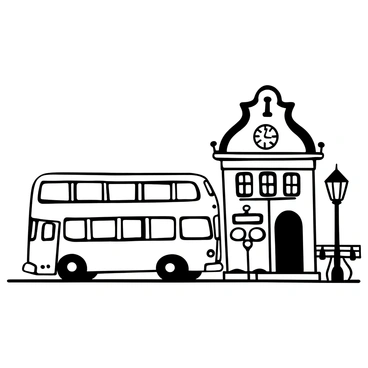A retro-style double-decker bus parked at an old-fashioned bus station. The bus features large windows and a prominent destination sign at the front. The bus station has vintage design elements, including a curved roof and metal benches. Surrounding the bus station, there are lampposts designed in an antique style. A classic clock with Roman numerals is mounted on the station wall. The pavement is made of cobblestones, enhancing the nostalgic atmosphere.