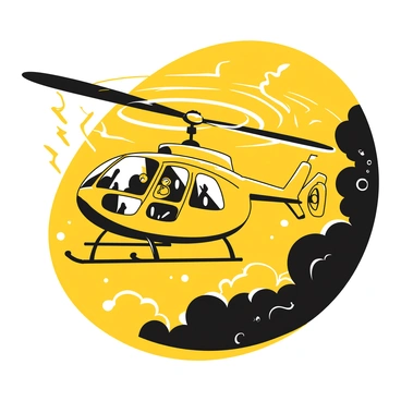 A helicopter flying through a turbulent storm, its rotors spinning rapidly. The body of the helicopter is outlined sharply against the dark clouds. In the background, flashes of lightning pierce the sky, illuminating the scene briefly. Rain pours down heavily around the helicopter, creating a sense of chaos as it navigates through the fierce winds. The pilot is focused, visible through the cockpit, gripping the controls tightly.