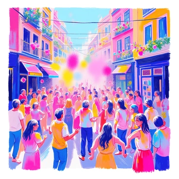 A busy city street is filled with people celebrating "Holi." Groups of individuals are throwing colored powders in a riot of vibrant hues, creating a dynamic scene. Some people are laughing and dancing, while others are joyfully splashing water. The air is filled with a cloud of colors, with shades of pink, green, yellow, and blue swirling around. Festive decorations can be seen strung up between buildings, and onlookers are gathered on the sidewalks, watching the energetic celebration. In the background, colorful shopfronts and trees peeking through the vibrant scene add to the festive atmosphere.