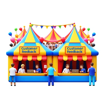 A cheerful festival setting filled with colorful tents and decorated booths. Each booth has a sign that reads "Customer Feedback" in bold letters. People are interacting with the booths, providing feedback with smiles on their faces. Brightly colored balloons float above the booths, and there are festive banners hanging between the tents. In the background, there is a lively atmosphere with individuals enjoying various activities and entertainment.