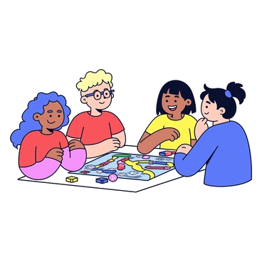 A group of four friends sitting around a table engaged in a board game. The table is adorned with a colorful game board featuring various paths and illustrations. Each friend has unique characteristics: one has curly hair, wearing glasses; another has long straight hair, wearing a red shirt; a third has short hair and a cheerful expression; and the last one has a ponytail, focused on the game. They are actively discussing strategies and smiling, creating a friendly atmosphere. Various game pieces and dice are spread out on the table, highlighting their cooperative gameplay.