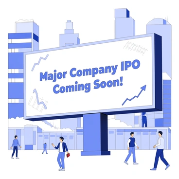 A digital billboard stands prominently in the bustling city center, displaying the announcement of a major company's IPO. The billboard features bold, clear text that reads, "Major Company IPO Coming Soon!" in a large font. Surrounding the text, there are animated graphics that draw attention, showing stock market imagery such as upward arrows and fluctuating line graphs. The billboard is illuminated, casting light on the surrounding area, where people are walking by, some stopping to glance at the announcement. Skyscrapers and urban architecture frame the scene, enhancing the sense of a vibrant city atmosphere.