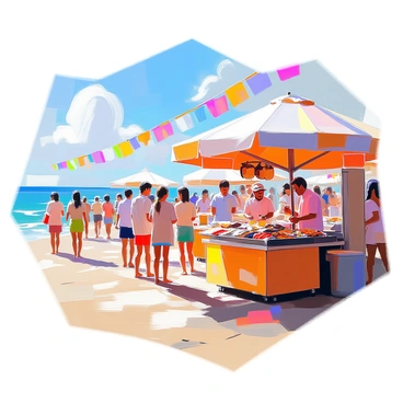 A lively seaside festival takes place along the sandy beach, bustling with activity. Colorful banners flutter in the ocean breeze, displaying vibrant designs. Various seafood stalls line the waterfront, each decorated with fresh catches of mackerel and other local seafood. People gather around the stalls, some tasting grilled mackerel, while others enjoy a variety of seafood dishes. Children play nearby, and families chat and laugh, enjoying the festive atmosphere under the bright sun. The sparkling blue ocean serves as a picturesque backdrop to the event.