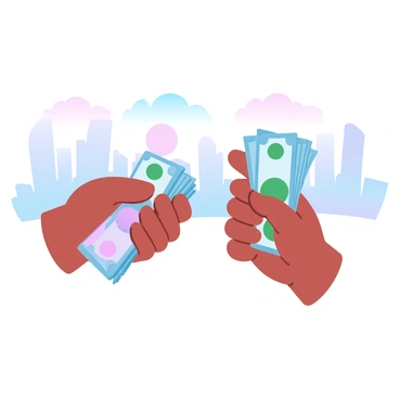 Two hands are reaching towards each other, one hand holding a thick bundle of banknotes. The banknotes are vibrant and colorful, showcasing various currency denominations. In the background, a cityscape emerges with tall buildings silhouetted against a gradient of pastel colors, reflecting the light of a sunset. The scene captures the moment of exchange, emphasizing the contrast between the hands and the bustling urban setting behind them.