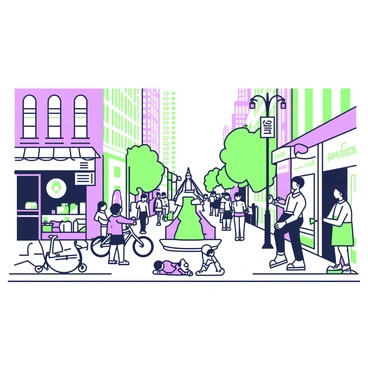 Line art of a bustling urban street with people and storefronts