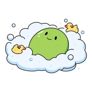 A cartoon-style representation of a single cell depicted as a cute and playful character, lounging comfortably in a large white bubble bath. The cell has a round shape, with a bright green semi-permeable membrane and a smiling face created by simple facial features. Surrounding the cell are fluffy white bubbles, some larger than others, gently floating in the air. The cell is resting on a bed of soft, white foam, with tiny sparkles represented to give a sense of cleanliness and relaxation. There are small rubber duckies floating among the bubbles, adding to the playful atmosphere. The entire scene conveys a sense of fun and leisure, with the cell looking entirely content and at ease.
