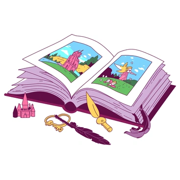 An open storybook is lying on a flat surface, revealing many pages filled with colorful illustrations. The pages depict whimsical scenes from fairy tales and adventurous tales, featuring characters like fairies, brave knights, and magical creatures. The illustrations are vibrant, with a mix of detailed textures and patterns that capture the imagination. The storybook is surrounded by small trinkets, such as a golden key, a tiny wooden castle, and a feather quill, enhancing the enchanting atmosphere of the narrative within the pages.
