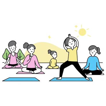 A group of five individuals, wearing comfortable activewear in soft colors, are positioned on yoga mats arranged in a semi-circle on a grassy area. The sun is just beginning to rise, casting a warm golden light across the scene. Each participant is engaged in a different yoga pose, with one person in downward dog, another in tree pose, and others seated in lotus position. They have calm expressions, focusing on their breathing. A few trees stand in the background, and the sky is transitioning from dark blue to light orange and pink hues.