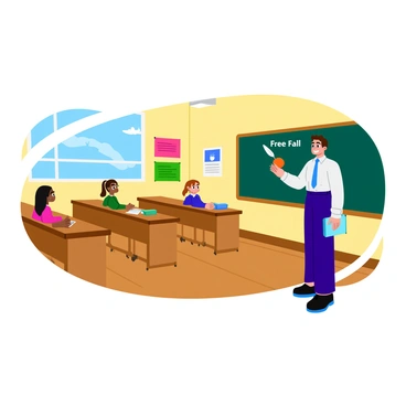 A simple classroom setting where a teacher demonstrates free fall with two objects of different weights.