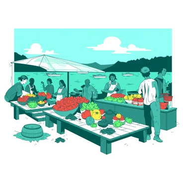A teal lakeside market is bustling with activity. Stalls made of wooden planks are lined up, showcasing vibrant displays of fresh produce such as bright red tomatoes, yellow peppers, and green leafy vegetables. Local artisans are selling handmade crafts, including woven baskets and colorful pottery. People of different ages are interacting, some are examining the goods while others are chatting with the vendors. In the background, the serene lake reflects the blue sky, and there are small boats gently bobbing on the water. The atmosphere is lively and filled with the sounds of conversation and laughter.