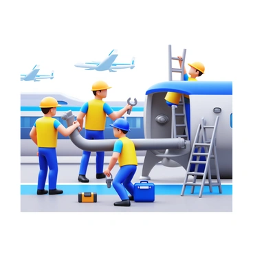 Technicians working on the maintenance of a jet bridge at an airport
