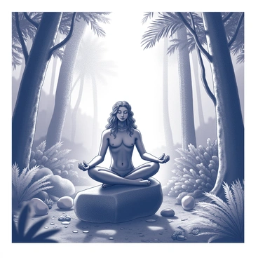 A serene figure of "Adiyogi" is seated in a meditative pose, situated on a large rock. Surrounding him is a dense rainforest, filled with tall trees and thick foliage. The leaves are richly detailed, showcasing various shapes and textures. Wisps of mist can be seen hanging in the air, adding an ethereal quality to the scene. The sunlight filters through the canopy, creating dappled patterns of light and shadow on the forest floor. Various plants and ferns are visible, interspersed with small stones and patches of earth.