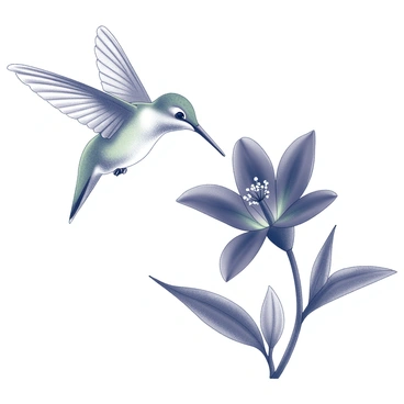 A hummingbird is hovering in mid-air, with its wings in motion creating a blur. The bird has iridescent feathers, showcasing delicate details and a slender beak poised close to the flower. The black flower is open and detailed, displaying intricate petal shapes and textures. Surrounding the flower is a natural setting with soft foliage, creating a sense of depth and context for the scene.