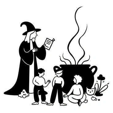 A grandmotherly witch with a long flowing robe stands beside a large, bubbling cauldron. She holds an open book in one hand, as children gather around her on the ground, their attention focused on the tales being told. The cauldron emits swirling steam, creating an aura of mystery. A few magical ingredients, such as mushrooms and herbs, are scattered around the cauldron. The witch's long hair cascades down her back, and her pointed hat rests slightly askew. Small woodland creatures, such as rabbits and owls, listen in as well, adding to the enchanting atmosphere.