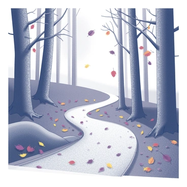 A winding pathway made of gravel meanders through a dense forest. Tall trees line the sides of the path, their trunks thick and textured. Branches extend overhead, creating a natural canopy. Leaves in various stages of decay fall gently from the trees, some caught mid-air while others blanket the ground. The forest floor is scattered with vibrant fallen leaves, creating a mosaic of shapes and sizes. The pathway curves into the distance, inviting exploration into the depths of the autumn landscape.