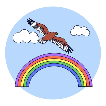 A buzzard flying under a vivid rainbow after a rainstorm.