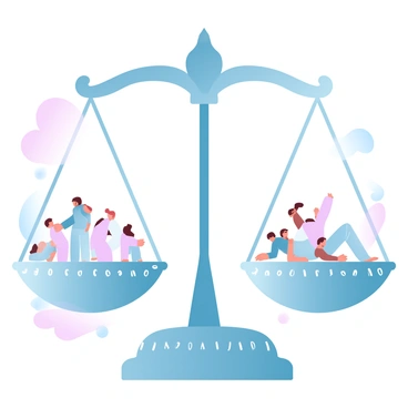 A giant scale is positioned centrally in the image, with one side heavily weighed down. Numerous tiny figures are scattered across the scale's pan, each figure representing a different decision. The figures vary in posture and alignment, showing a range of activities like standing, kneeling, or leaning. The scale itself is adorned with intricate details, including decorative patterns along its edges. The background features a gradient of pastel colors, smoothly transitioning from soft pink to light blue, enhancing the focus on the scale and its burden.