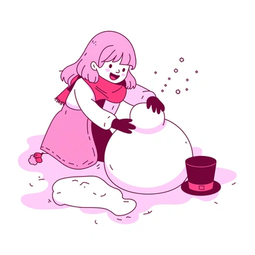 A pink-haired girl wearing a warm, frilly lolita dress in shades of white and pink is joyfully playing in the snow. She is knelt down, packing snow into a large round shape, forming the body of a snowman. Next to her is a vibrant red scarf and a classic black top hat, ready to decorate the snowman. Snowflakes are gently falling around her, and she has a bright smile on her face as she enjoys her winter activity. The ground is blanketed in thick, soft snow, creating a cheerful winter scene.