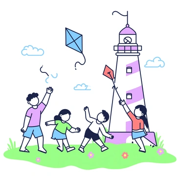 Children flying kites near a lighthouse on a sunny, windy day