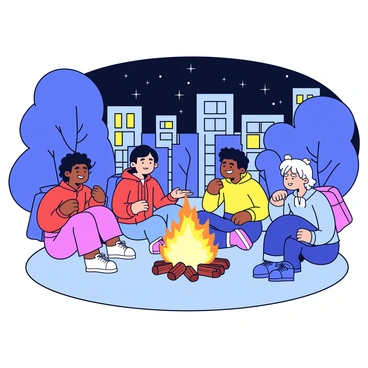 A group of young adventurers is gathered around a bonfire in an urban park. The fire is crackling, casting warm light on their faces. Each adventurer is dressed in comfortable outdoor clothing, with backpacks resting beside them. One adventurer is animatedly sharing a story, gesturing with excitement. The others are listening intently, some with smiles and raised eyebrows. The park is surrounded by tall city buildings, with a few trees nearby. The night sky is dark, dotted with a few stars visible above the urban landscape.