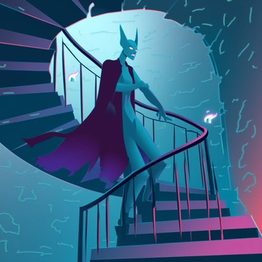 A tall, thin Nosferatu figure with elongated features, sharp fangs, and pointed ears is descending a spiraling staircase. The staircase has dark, ornate railings and is made of crumbling stone. Shadows twist and dance on the walls, created by flickering torches that cast an eerie light. The atmosphere is filled with suspense as the Nosferatu’s eyes glint ominously, and its long, tattered cloak billows slightly as it moves downward. The stone walls are textured and covered with patches of moss, enhancing the creepy feel of the scene.
