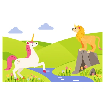 A vibrant habitat filled with lush green grass and colorful wildflowers. In the foreground, a majestic unicorn with a spiraled horn stands gracefully beside a sparkling stream. Nearby, a fierce griffin with golden feathers and a lion's body perches on a rocky outcrop, its wings slightly spread. The background features rolling hills and a bright blue sky with fluffy white clouds, creating a lively scene where these mythical creatures roam freely.