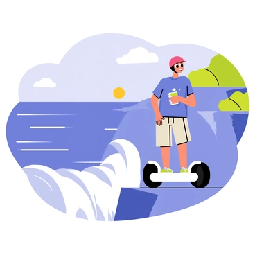 A Segway rider wearing a bright red helmet stands on a scenic cliff overlooking the ocean. The rider is dressed in a casual blue shirt and khaki shorts. Below, large waves crash against the rocky shoreline, sending up white foam. The sky is clear with a few fluffy clouds, and the sun shines brightly, illuminating the vibrant blue of the sea. In the background, various shades of green from the coastal vegetation are visible, contrasting with the deep blue of the water.