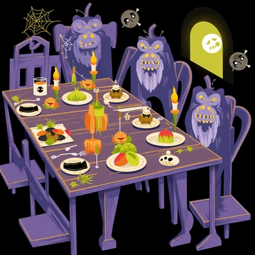 A large wooden table set for dinner, covered with a dark, patterned tablecloth. The table is adorned with mismatched plates and silverware, each piece reflecting a spooky glow. Candles with flickering flames are placed in unique holders, casting dancing shadows around the table. Large, monstrous guests are seated, featuring exaggerated features such as sharp teeth and glowing eyes. Their clothing is tattered and ancient, adding to the eerie ambiance. A full moon is visible through a nearby window, illuminating the scene with a ghostly light. Spooky decorations such as cobwebs and skulls are scattered across the table.